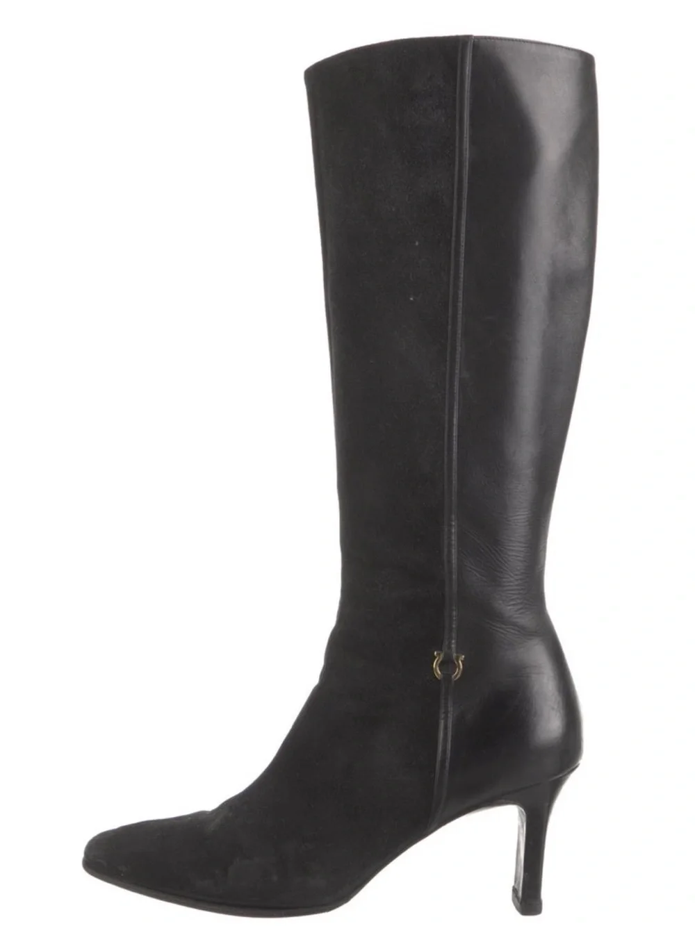FARRAGAMO Black Knee-High Leather & Suede Heel Boots 8.5